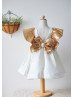 Ivory Satin Gold Sequin V Back Fashion Flower Girl Dress